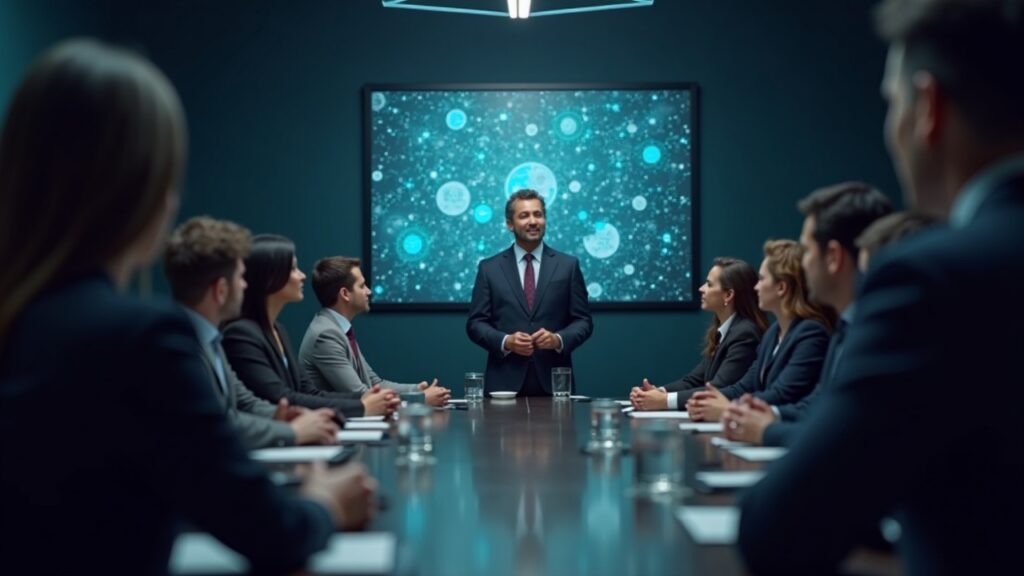 Boardroom scene: presenter with diverse directors; screen shows crypto reserves illustrating YZi Labs' BNB treasury bid.