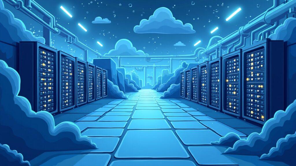 Semi-realistic crypto mining site transitioning to AI data center with GPU racks, cooling and power infrastructure.