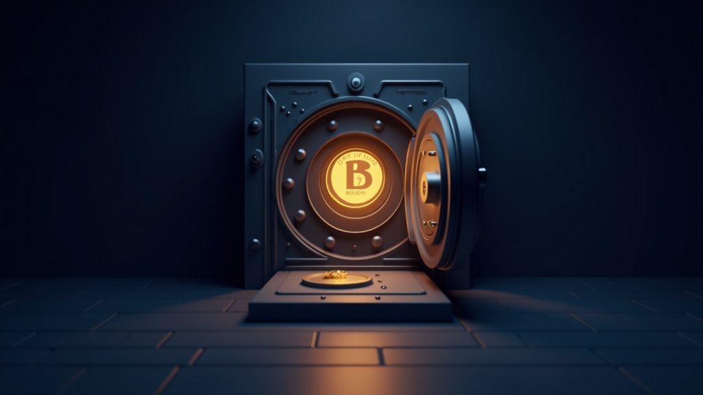 Semi-realistic crypto vault showing a 12,000 BTC reserve and a $1B floor in a modern, professional setting.