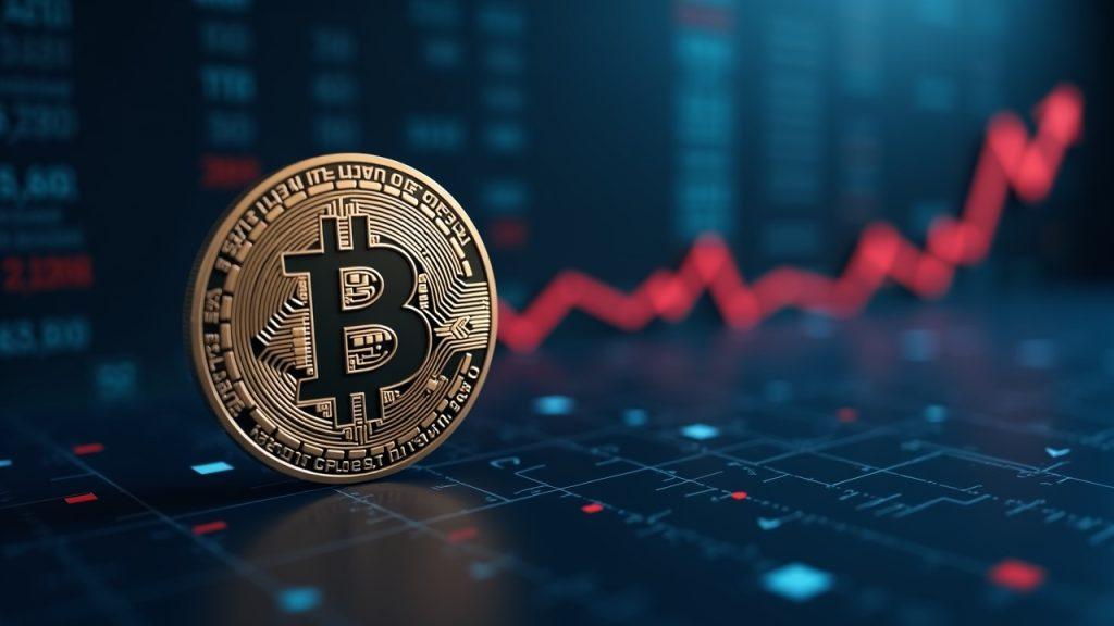 Semi-realistic Bitcoin coin foreground with red outflow arrows fading into an exchange-floor backdrop in blue-gray tones