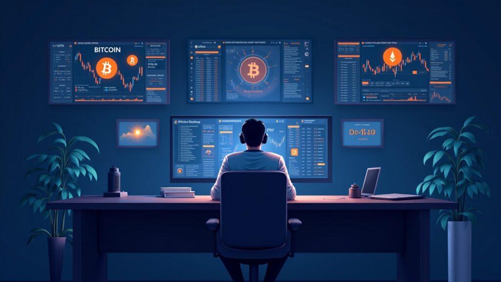 Semi-realistic trading desk with BTC and ETH on screens, BlackRock aura, and Coinbase Prime custody moves.