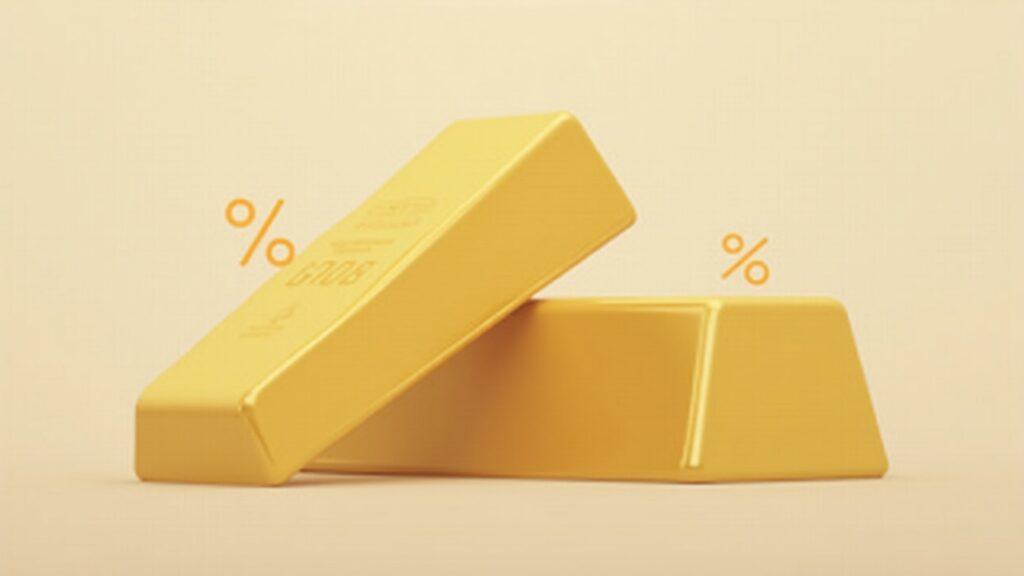 Semi-realistic gold and silver bars with a subtle percentage symbol overlay beside a calm balance scale.