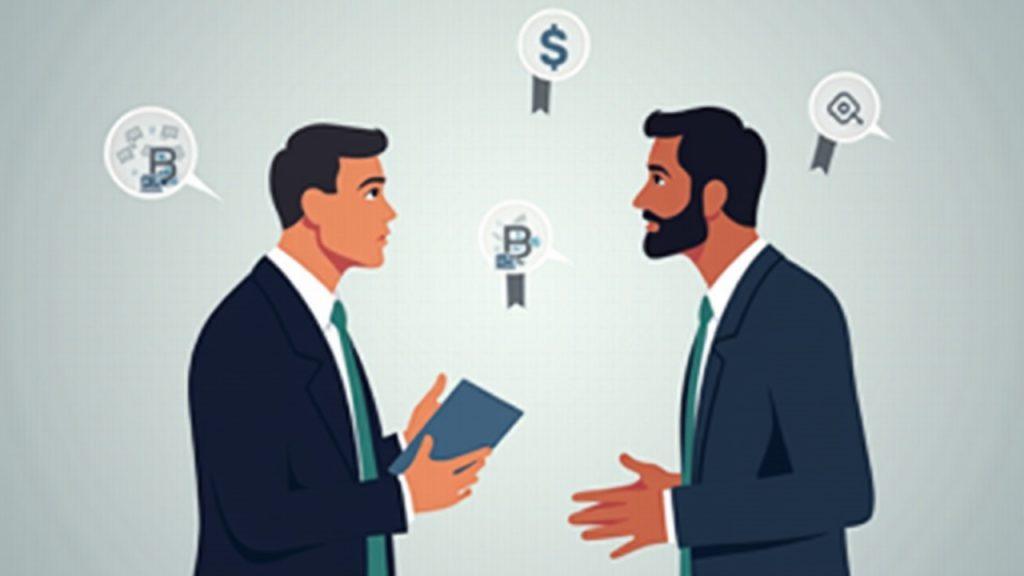 Two regulators in discussion against a backdrop with light crypto icons, signaling harmonized oversight and onboarding