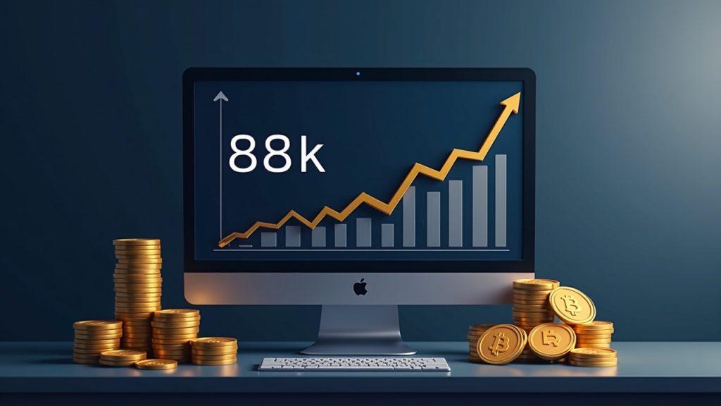 Hybrid illustration of a corporate treasury rising bitcoin holdings, monitor showing 88k, BTC stacks and accumulation chart.