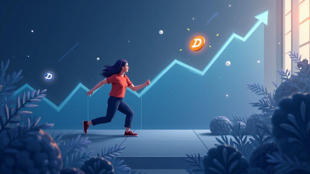Dash overtakes Monero in a calm digital market, with a 100% weekly gain and subtle blockchain motifs.
