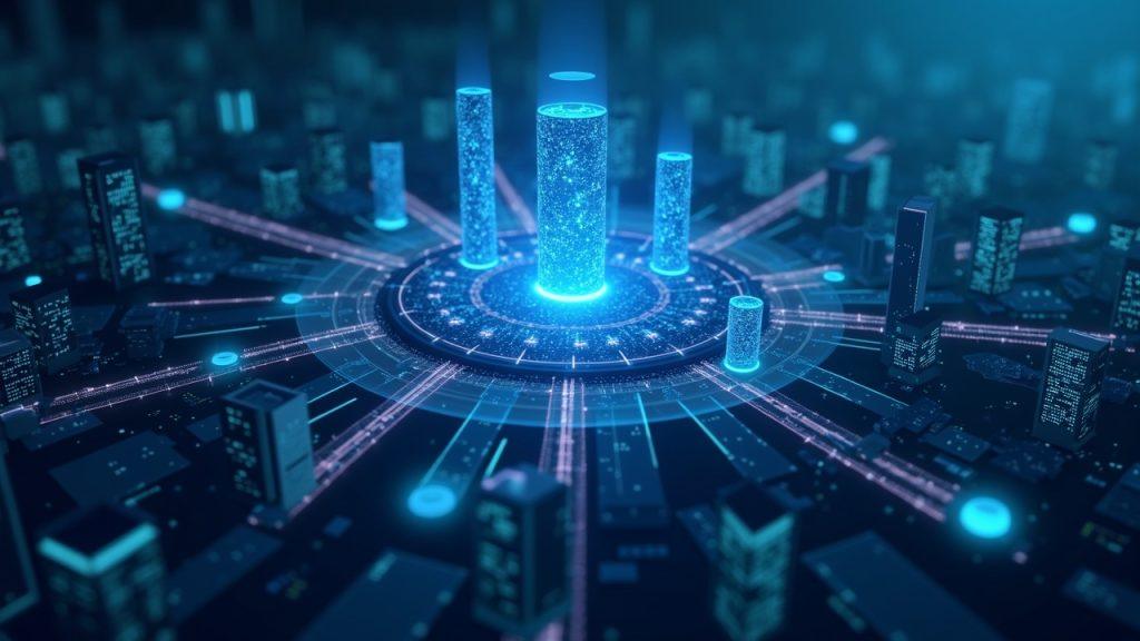 Realistic semi-illustration of a DePIN infrastructure hub with connected hardware nodes across city towers and a holographic ledger overlay.