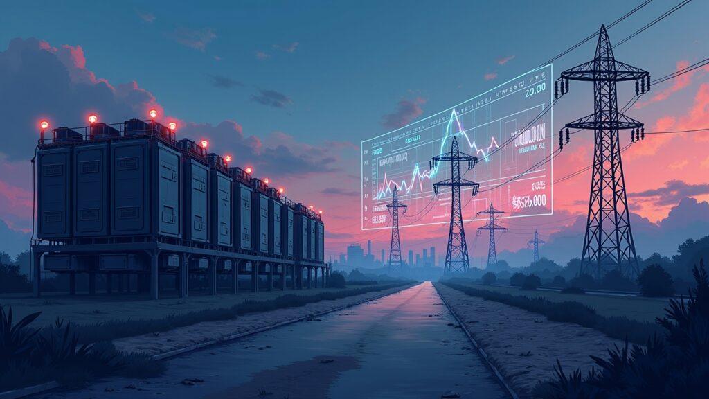 Semi-realistic Bitcoin mining farm beside a power plant with a digital capacity auction board.