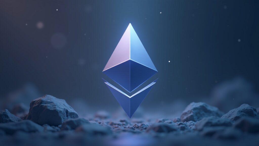 Realistic Ethereum logo with an upward futures impulse against a calm crypto-news backdrop