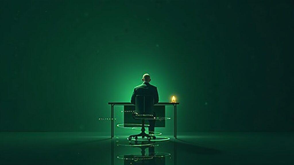 Ethereum validator at desk with glowing blockchain ribbons and a green energy aura, symbolizing PoS and Layer-2 for 2026.