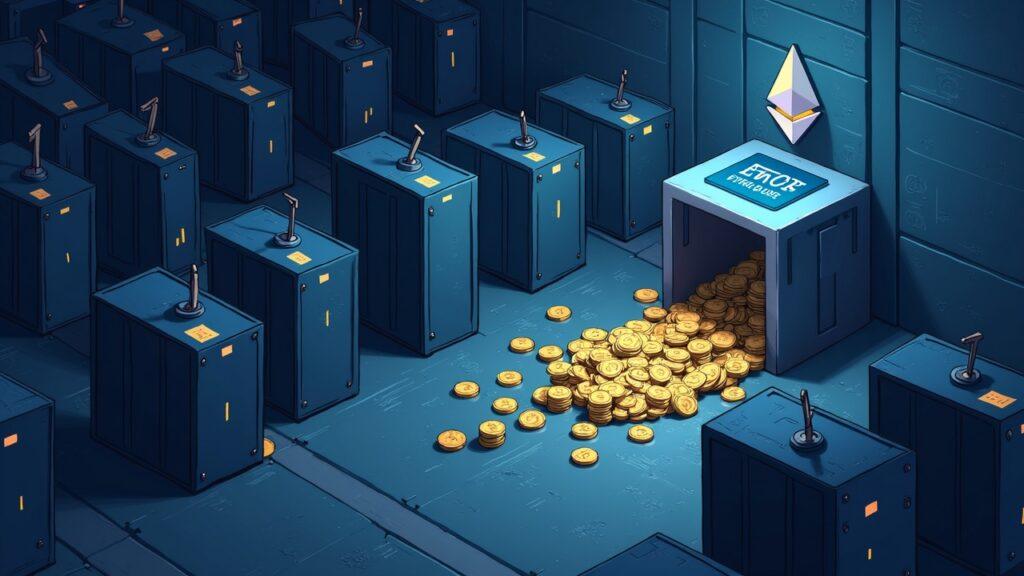 Semi-illustrated Ethereum validator nodes show zero exit queue and a large activation queue, signaling rising staking demand.