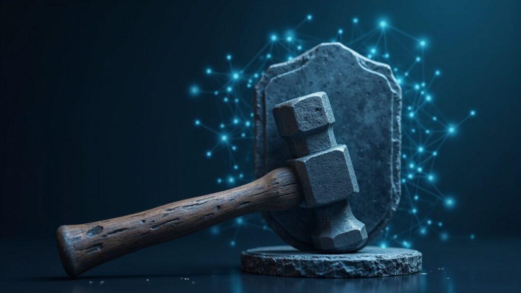 Realistic hammer leaning against a subtle blockchain network with a shield, signaling 100-year cryptographic durability.