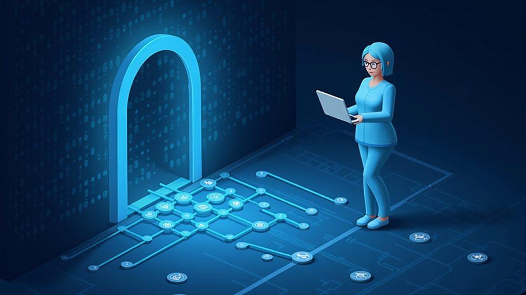 Semi-realistic scene of a person at a digital gateway as NFT icons flow into a secure, Arweave-backed archival vault.