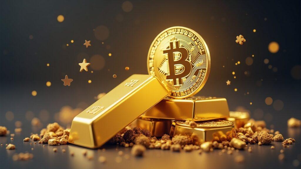 Rising gold bar with fading Bitcoin symbol; US and EU icons signal tariff-driven crypto risk-off
