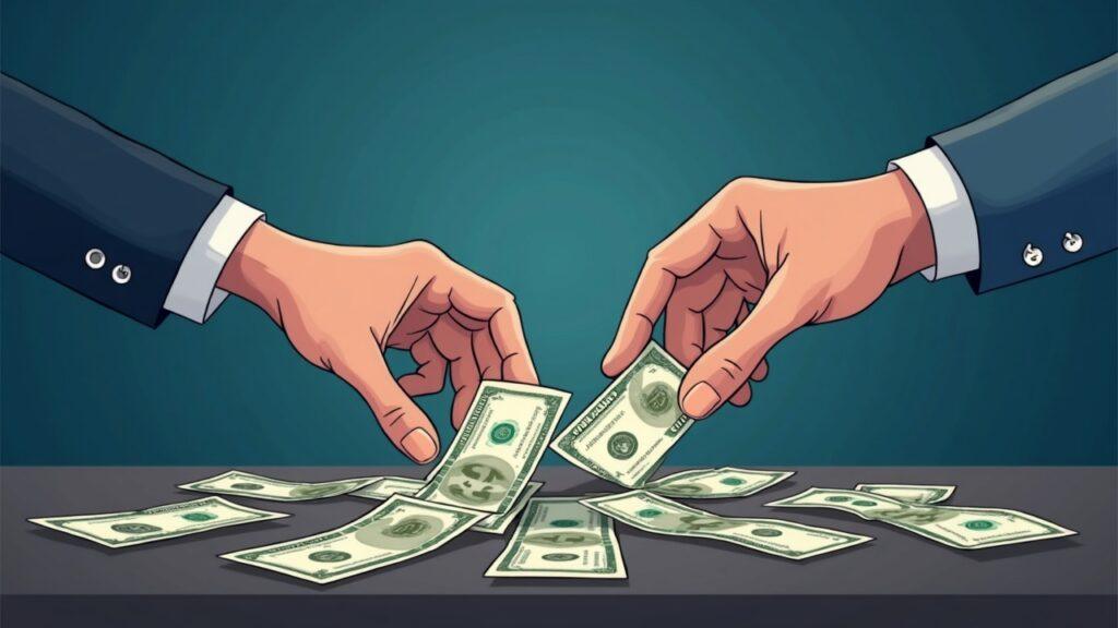 Semi-realistic Indian fintech desk; two hands exchange assets, 1% TDS and 30% VDA tax erased to show onshore liquidity