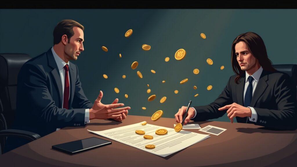 Semi-realistic illustration of Iran's arms export center negotiating crypto payments, contract on desk with digital coins.