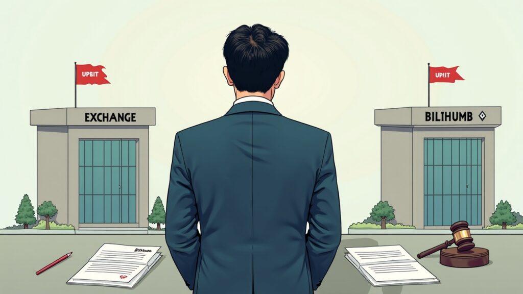 Semi-realistic illustration of a Korean lawmaker in a suit facing Upbit and Bithumb exchange buildings, with documents and a gavel.
