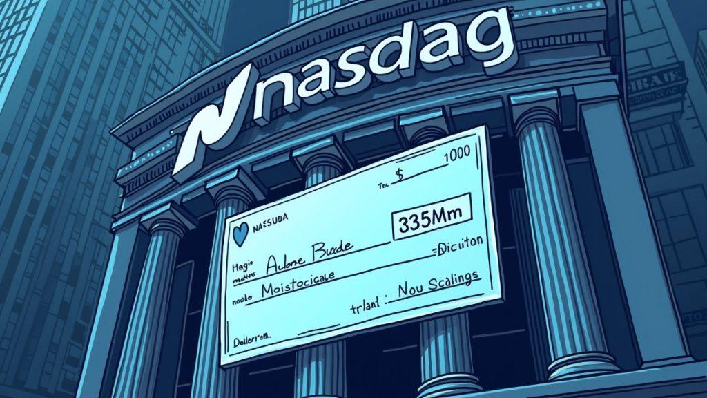 Semi-realistic Nasdaq-style building with a $345M check and crypto-network overlay, Kraken-backed SPAC