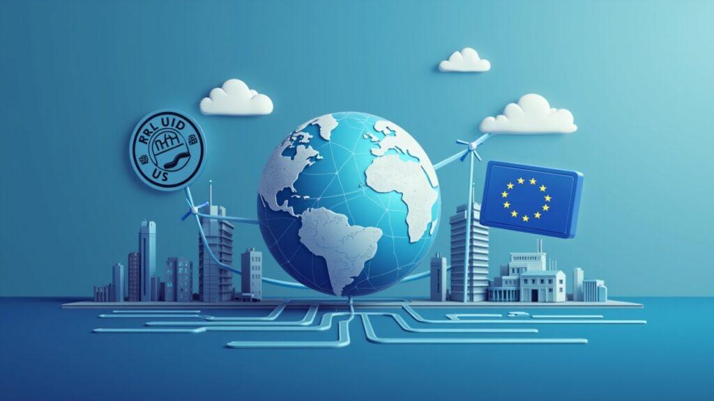Luxembourg hub with EMI stamp, globe illustrating EU passporting, and RLUSD token linked by cross-border payments.