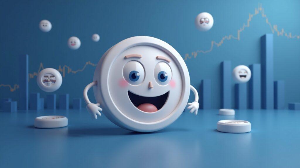 Glossy meme coin with a friendly face, surrounded by social icons and muted market charts in a modern crypto newsroom vibe