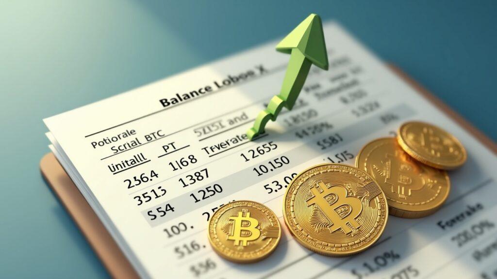 Semi-illustrated corporate balance sheet with a Bitcoin ledger showing 35,102 BTC treasury and impairment note.