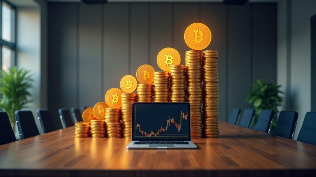 Boardroom scene with Bitcoin coins forming an ascending wall behind a laptop showing BTC price chart