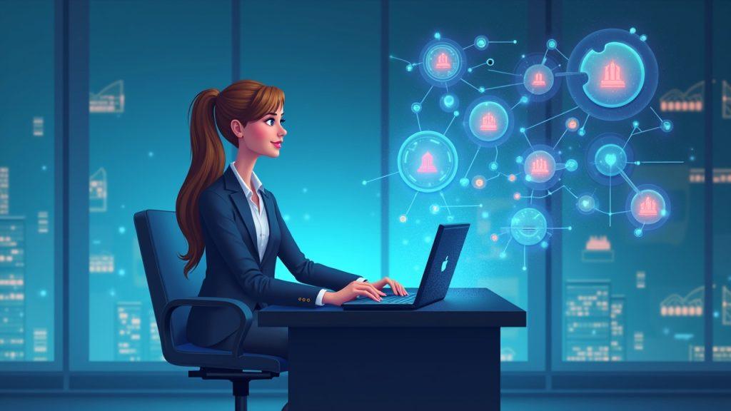 Confident woman executive at a modern bank desk with holographic crypto icons and governance charts, signaling centralized asset strategy.