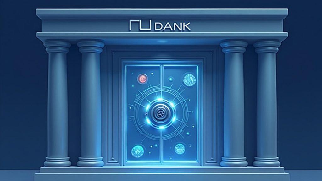 Semi-realistic bank facade with a digital vault and crypto icons behind glass, signaling Nubank's US custody approval.