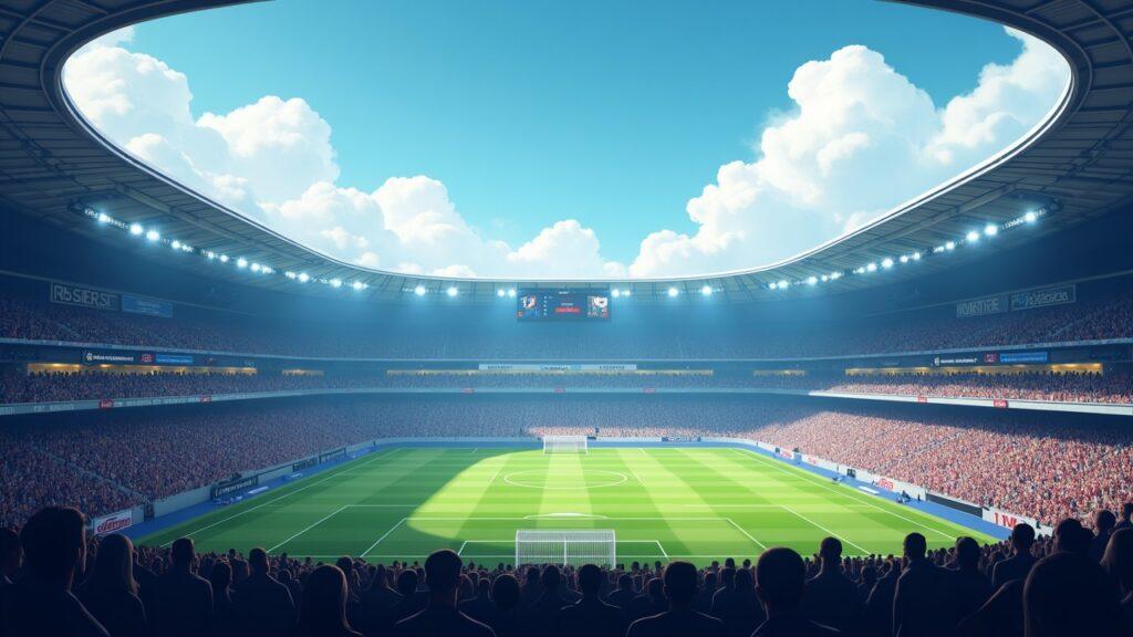 Realistic MLS stadium scene with a calm crowd and Polymarket data overlay showing next-goal probabilities