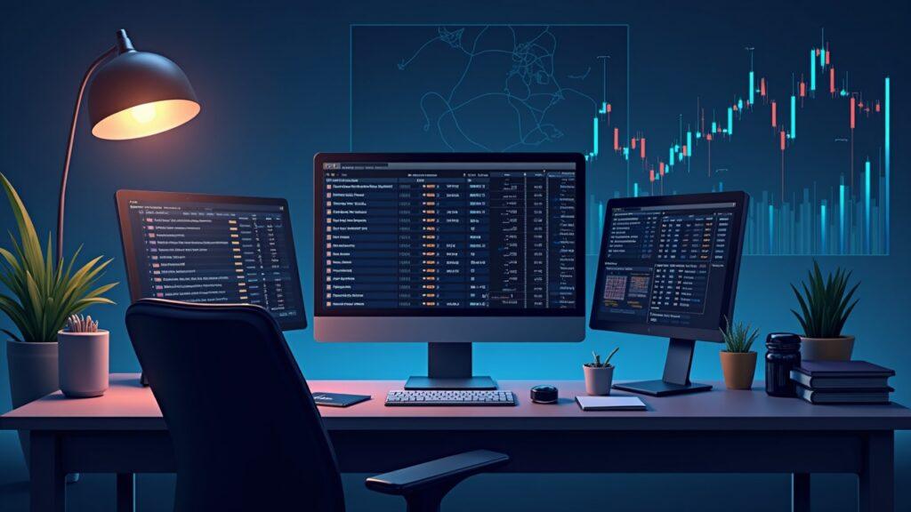 Semi-realistic crypto perpetuals trading desk with muted funding-rate charts, thinning order books, and a liquidation map.