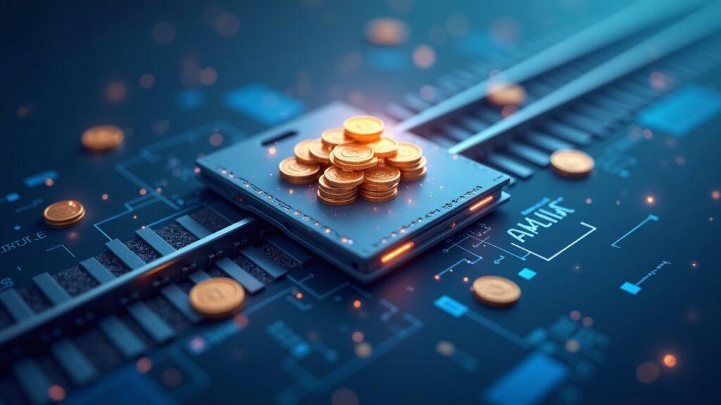 Semi-realistic illustration of a digital wallet linking tokenized money to traditional payment rails with moving coins.