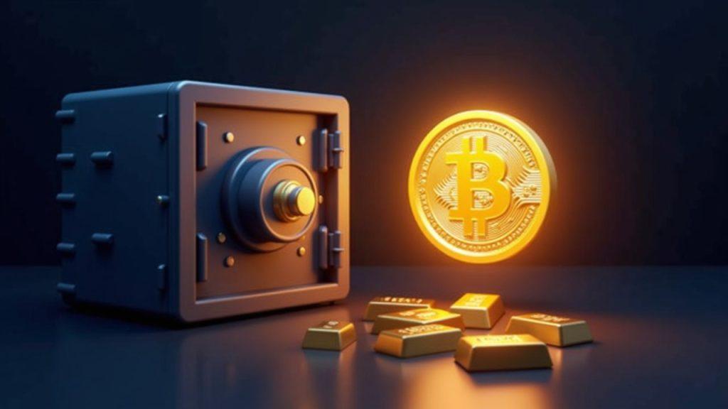 Semi-realistic bank vault with gold bars on the left and a glowing Bitcoin on the right, with a faint Salvadoran flag motif