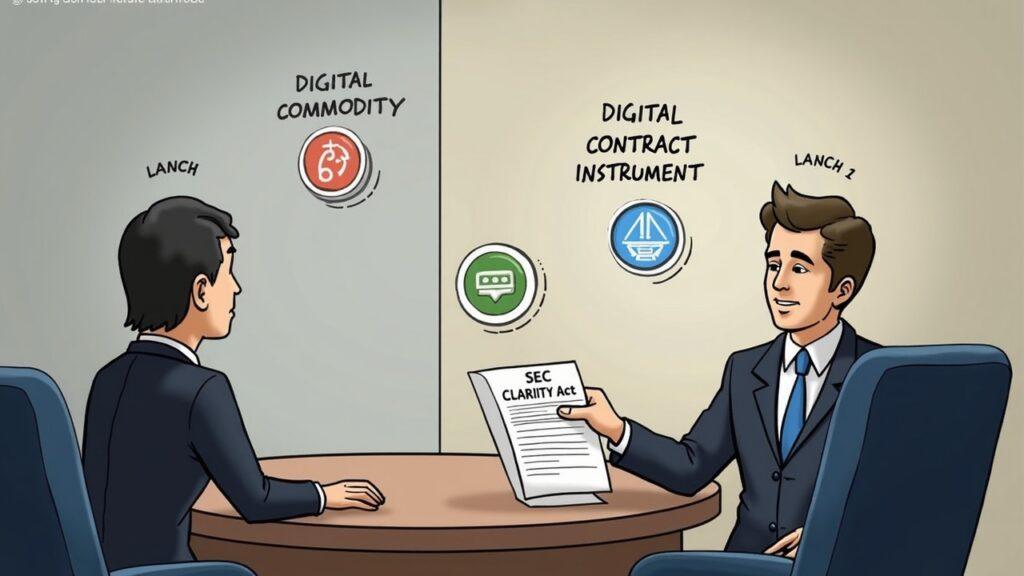 Semi-realistic SEC briefing with three floating tokens: Digital Commodity, Digital Value Instrument, Investment Contract Asset.