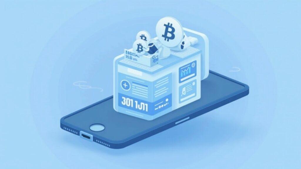 Device showing a social post with $BTC and $NVDA, live prices, charts, and a small smart contract icon.