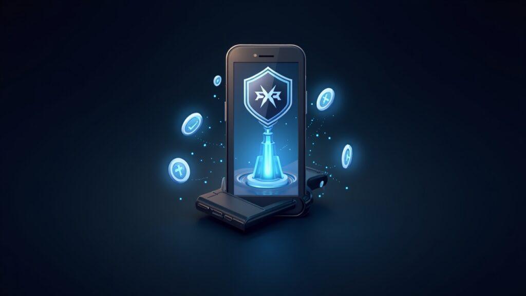 Semi-realistic Solana Mobile Seeker phone with glowing SKR tokens around it, Guardians governance motif, and staking glow.