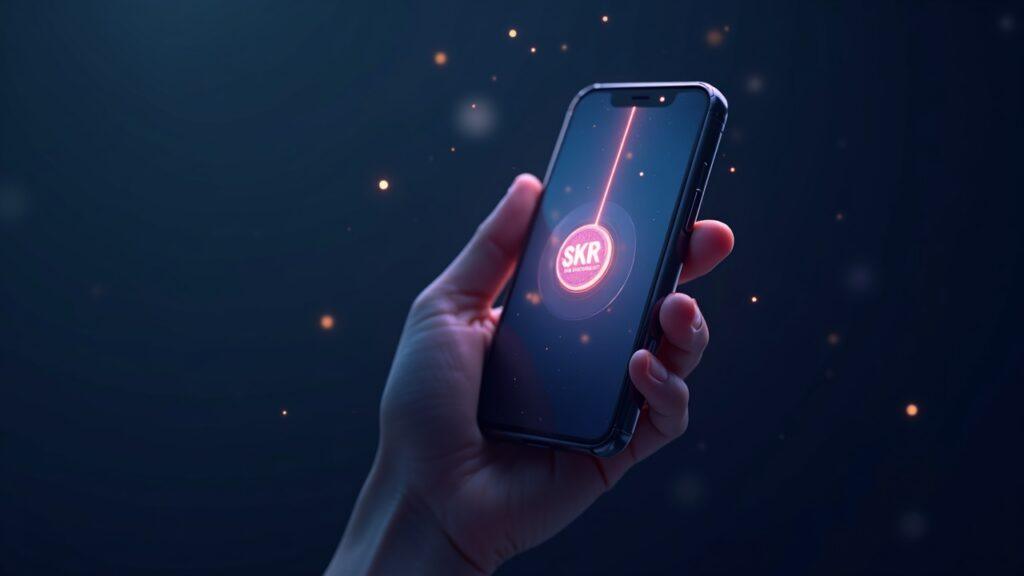 Semi-realistic Seeker phone in hand with glowing SKR tokens streaming from the screen, Solana Mobile branding in a calm tech backdrop.