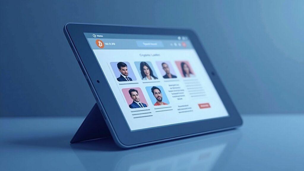 Semi-realistic tablet screen displaying Starterpacks UI with crypto leaders and a 'Crypto Founders' feed in a muted blue-gray palette.