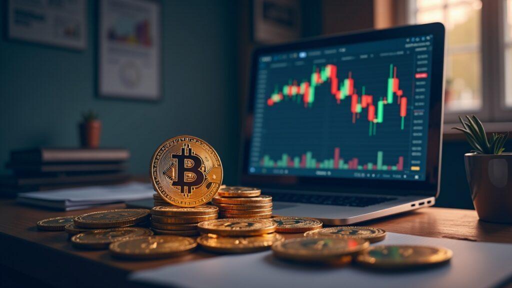 Corporate treasury desk with Bitcoin coins and a screen showing unrealized loss, symbolizing ongoing accumulation.