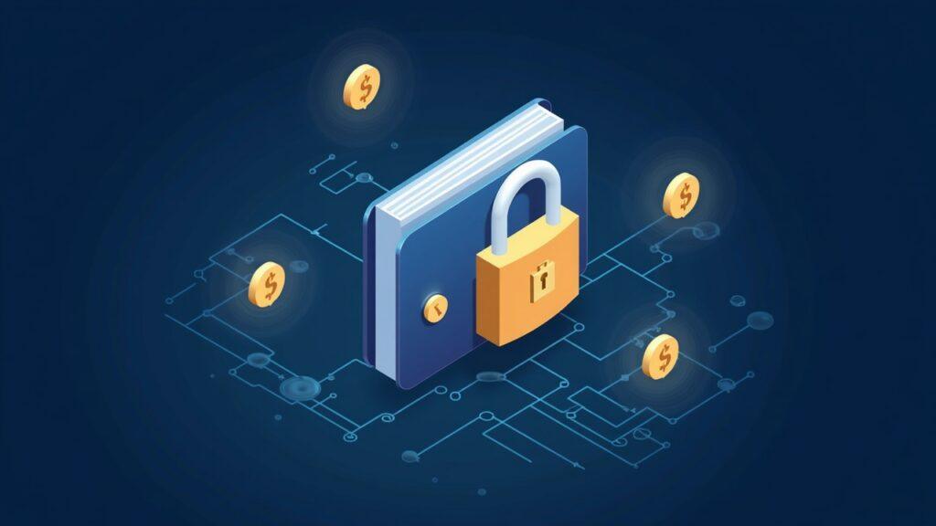 Realistic digital wallet on a blockchain with a soft padlock and floating stablecoin icons indicating a $182M freeze