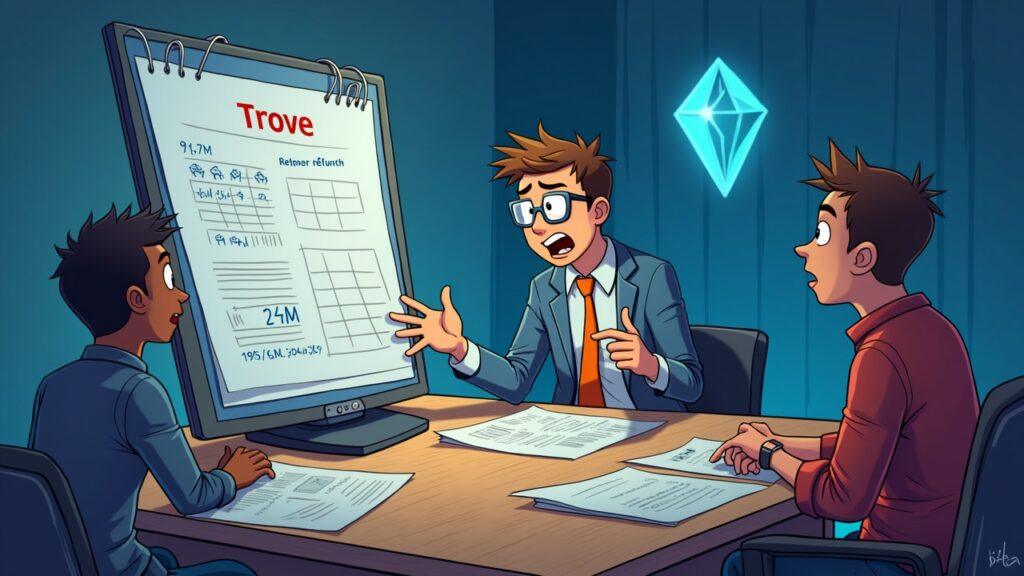 Semi-realistic Trove token crash; ledger shows 9.4M retained, 2.4M refunded, Solana symbol in background