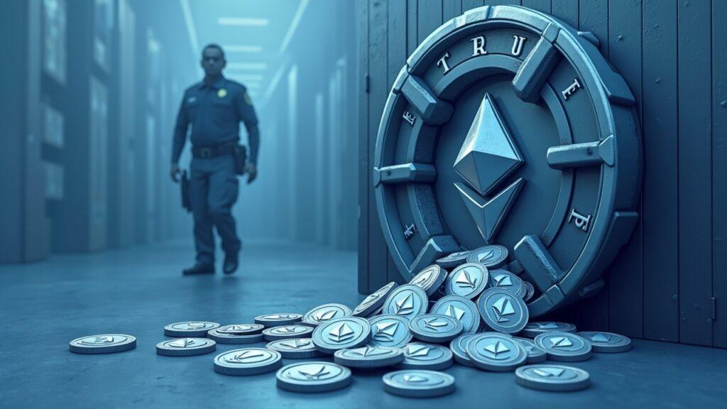 Semi-realistic illustration of a collapsed TRU emblem, Ether coins draining from a legacy contract vault, police silhouette.
