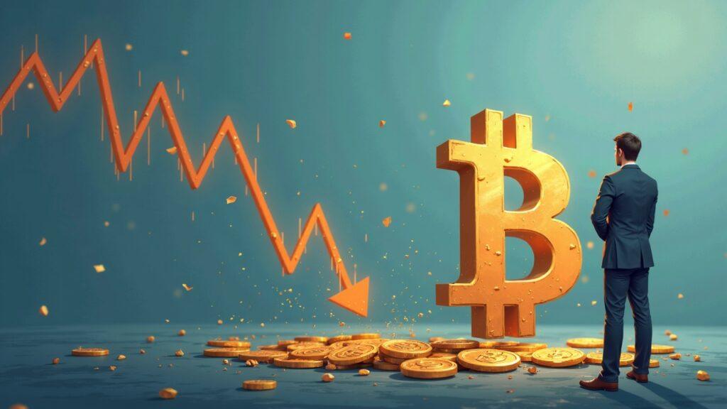 Semi-realistic scene: fading Bitcoin symbol beside a downward flow chart and a cautious investor in a muted newsroom palette.