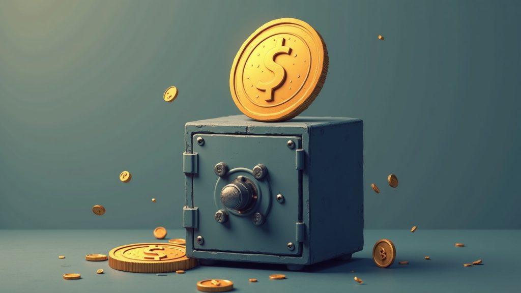 Semi-realistic USD1 token rises above a secure vault with regulation icons; backdrop shows collapsed TRUMP coin.