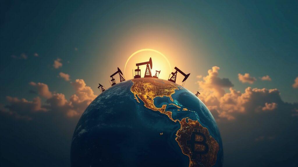 Globe spotlighting Venezuela with oil derricks, flanked by dollar sign and Bitcoin symbol in a modern crypto-news header.