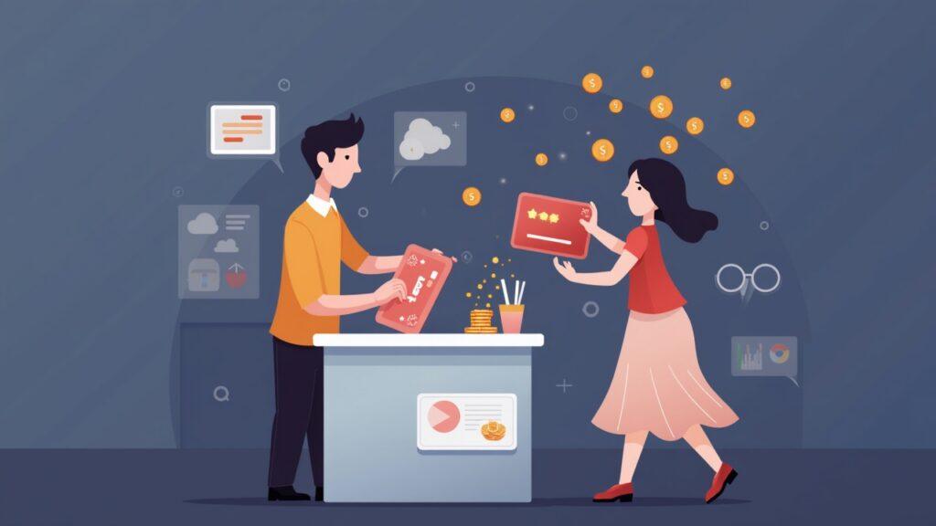 Semi-realistic checkout: user pays with a crypto card as coins flow from wallet to card, with multi-currency icons.