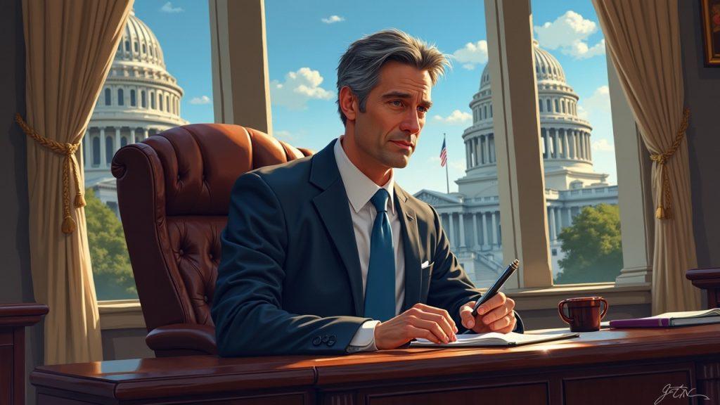 Semi-realistic illustration of Kevin Warsh as Fed chair at a desk, Capitol backdrop, with bitcoin charts signaling growth.