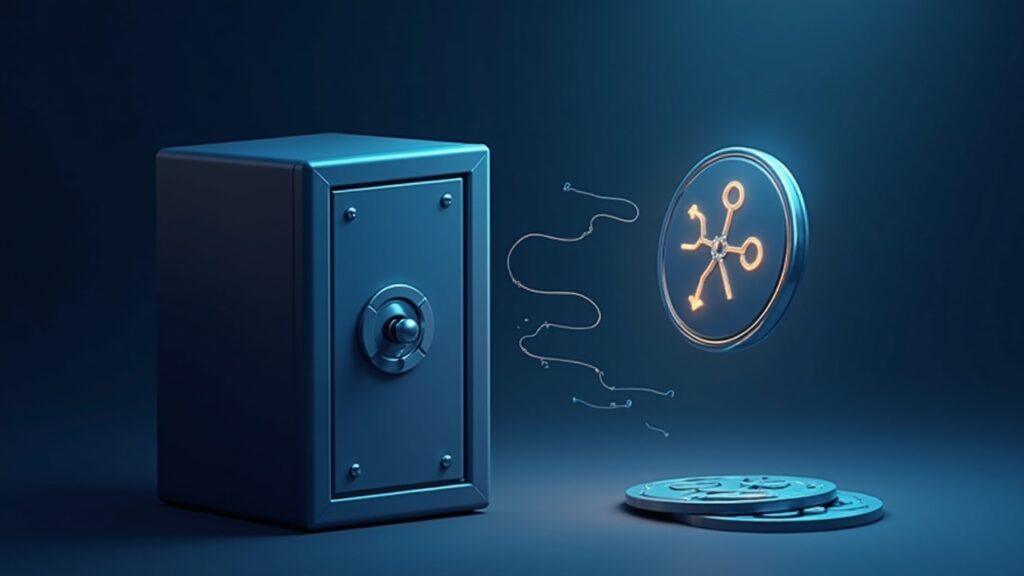 XRP token beside a secure digital vault with arrows showing ETF outflows and Korean reserve declines.