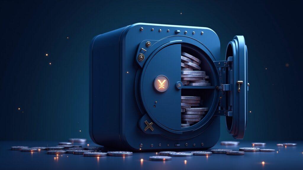 Semi-realistic crypto exchange vault with shrinking token stack and liquidity bar signals doubt about XRP supply shock.