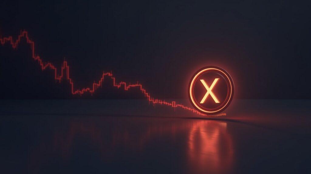 Semi-realistic glowing XRP token slipping under a soft $2 line with a red downward trail and muted derivatives backdrop