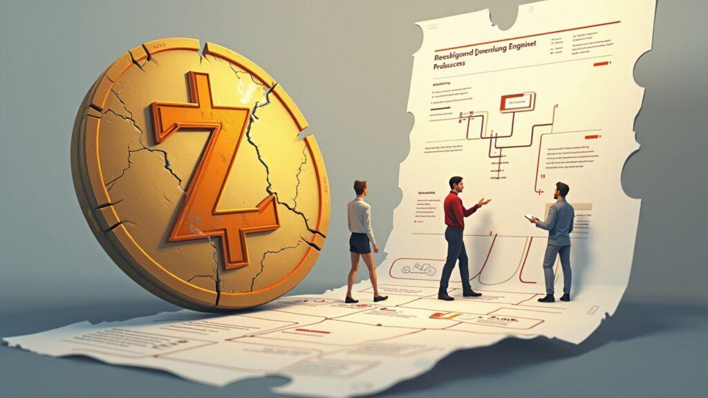 Semi-realistic illustration of a cracked Zcash emblem, developers stepping away from a governance council, with a torn roadmap.