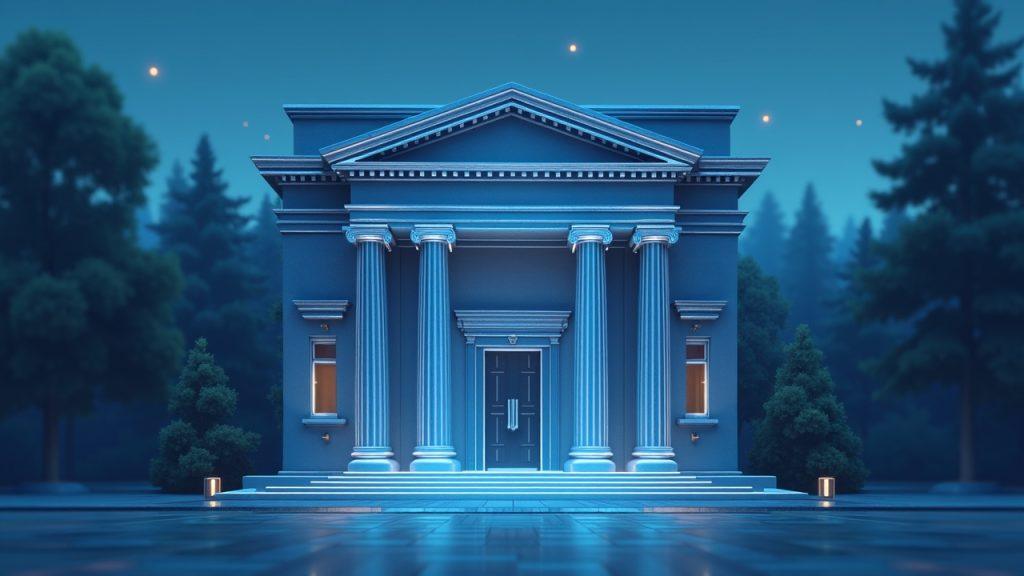 Realistic bank exterior with a holographic overlay removing reputational risk, illustrating objective, risk-based supervision.